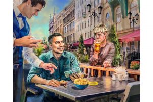 Бомжиха пьёт пиво у клиента летнего кафе