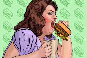 Векторная иллюстрация "Женщина с большим бургером"