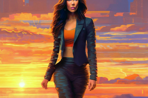 Меган Фокс в полный рост на фоне заката