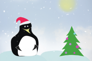 Иллюстрация пингвин и елка.