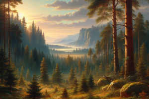 картина "закат в сосновом лесу"