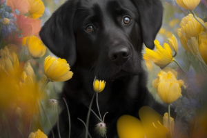 Собака в цветах.