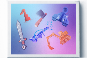 Набор векторных иллюстраций из устройств, оружия и машин