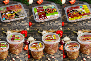 Наклейка для мясокомбината Колбаски гриль и шашлыки