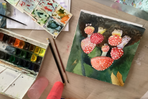 Картина акварелью «Мухоморы»
