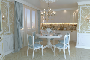 Дизайн интерьера кухни-столовой в классическом стиле, 34 м.кв.