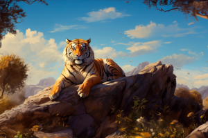 Тигр лежащий на скале дозалитый в фотошопе