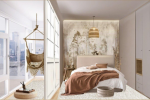 интерьер спальной зоны и зоны релакса