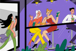 Иллюстрация с персонажами, сидящими в кофейне.