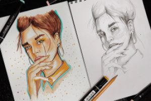 иллюстрация выполнена маркерами, справа эскиз в карандаше