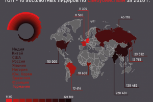 Инфографика на тему "10 лидеров по самоубийствам за 2020год"