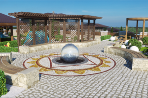 Визуализация въездной группы. Фонтан. Коттеджный поселок