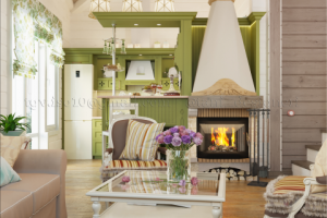 Дизайн кухни-гостиной в гостевом доме банного комплекса