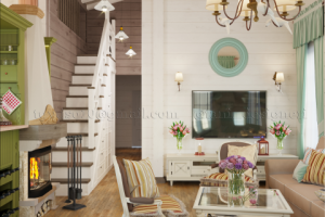 Дизайн кухни-гостиной в гостевом доме банного комплекса