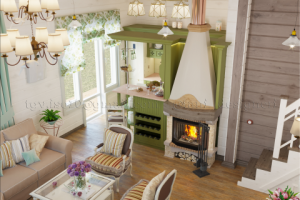 Дизайн кухни-гостиной в гостевом доме банного комплекса