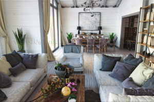 Дизайн гостиной-столовой в загородном доме