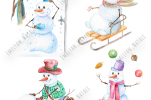 Снеговики акварелью