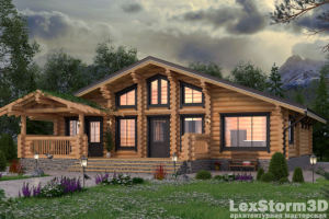 Вечерняя визуализайия дома из оцилиндрованного бревна
