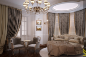 Спальня в классическом стиле с круглой кроватью.