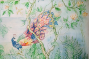 Роспись стены (аэрограф, кистевая) в гостиной. Акриловые краски.