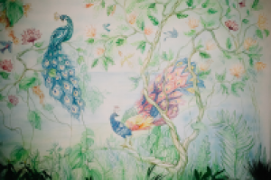 Роспись стены (аэрограф, кистевая) в гостиной. Акриловые краски.