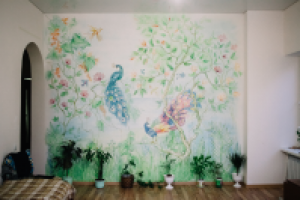 Роспись стены (аэрограф, кистевая) в гостиной. Акриловые краски.