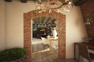 Лофт квартира в Москве,300 м2. Вид из кухни на столовую