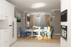 Дизайн кухни- гостинной в загородном доме в классическом стиле