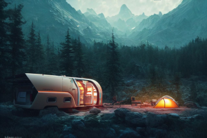 [AI GENERATED] camping bus in the beautiful mountains