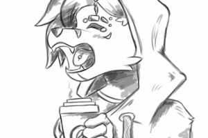 Эскиз зевающего лиса с кофе