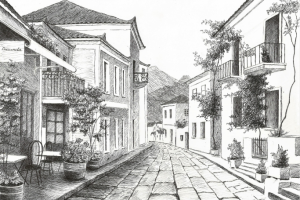 Городской пейзаж. Бумага, гелевая ручка. Формат А4