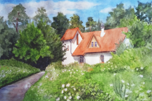 Пейзаж с домом. Бумага, акварель. Формат А3