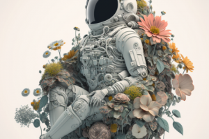 3д арт космонавт и цветы