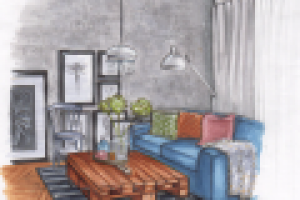 Гостиная_лофт_бетонная стена