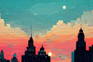 Красивый город на закате, в стиле пиксель арт