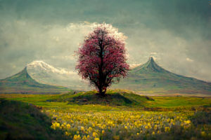 Одинокое весенне дерево, на зеленых полях