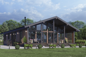 Одноэтажный дом с застеклённым фасадом встиле фахверк