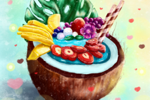 Иллюстрация "Тропический смузи в кокосе"