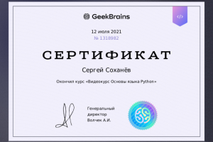 Сертификат "Видеокурс основы языка Python"