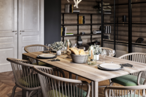 Дизайн и визуализация совмещенного помещения кухни, обеденной з