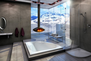 Ванная комната с камином и панорамными окнами