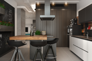 Кухня в стиле ХайТек с добавлением деревянных элементов