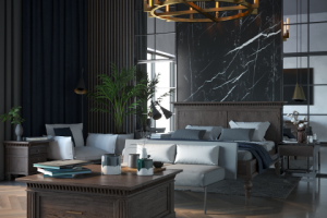 Спальня с высокими потолками