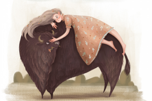 Friends forever. Bison and girl