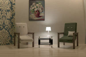 Кресла со столом и светильником.