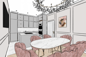 Скетч кухни-гостиной в неоклассическом стиле