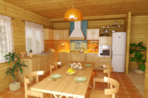 Кухня в деревянном коттедже и вид сверху