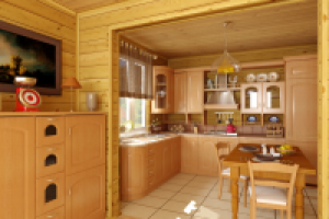 Кухня и столовая в деревянном коттедже