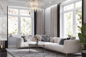 Интерьер гостиной загородного дома в светлых тонах