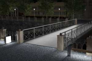 Мост и освещённые скамейки в современном стиле